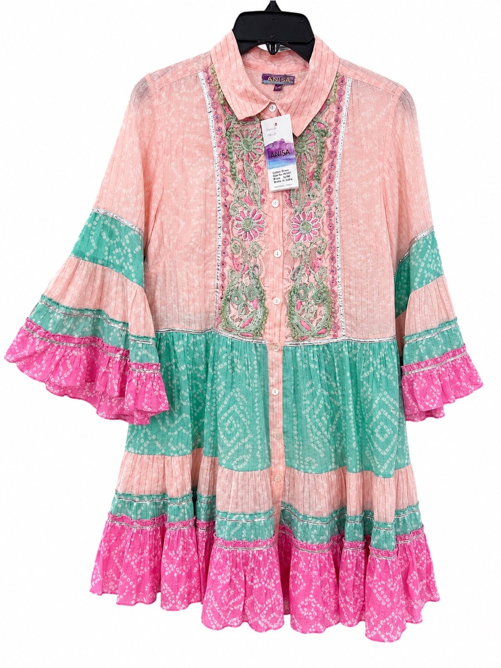 Boho Hand Embroidered Tiered Tie Dye collar neck mini Dress in Pink and Aqua NWT